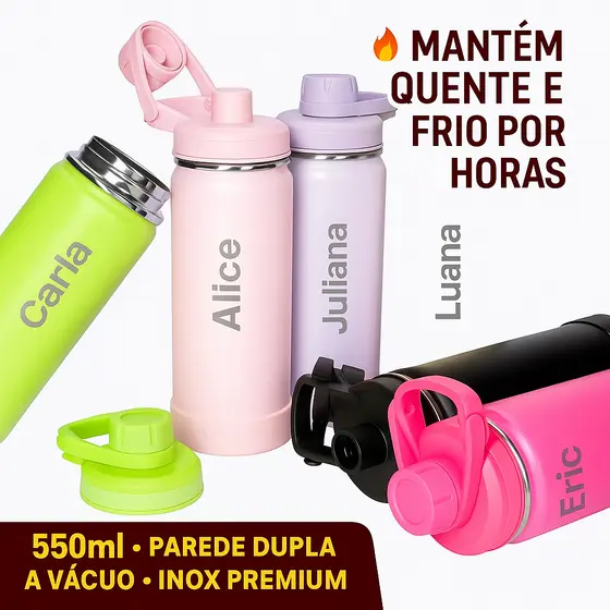 Garrafa Personalizada Térmica Inox 350ml Parede Dupla Tampa com Alça e Protetor Silicone