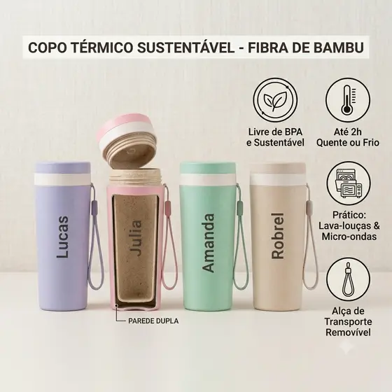 Copo Térmico Personalizado Com Nome Fibra Bambu 350ml Com Alça Ideal Para Presente Lembrancinha Livre BPA