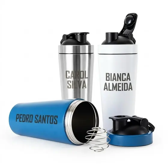 KIT 2 Shaker Coqueteleira PERSONALIZADA Academia Aço Inox 900ml Com Mola E Trava Anti-vazamento