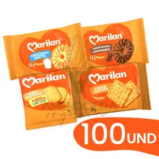 Kit 100 un Biscoitos Sortidos Marilan em Sache 11,5g Bolacha tipo Bauducco Unitario