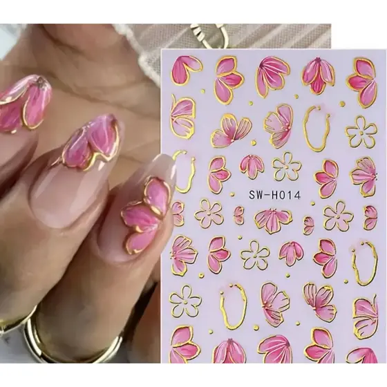 Uma Cartela De Adesivos de Unhas Flores Rosas com Detalhes Dourados | Nail Art Autocolante Y2K - ENVIO RÁPIDO DO BRASIL