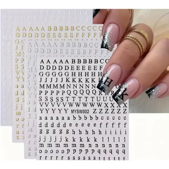 Kit 4 Cartelas de Adesivos de Unhas – Letras em Branco, Dourado, Prata e Preto para Nail Art