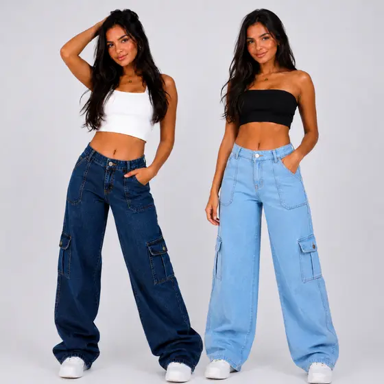 Kit 2 Calça Cargo Jeans Menina blogueirinha Juvenil 10 ao 16 anos com bolsos laterais premium