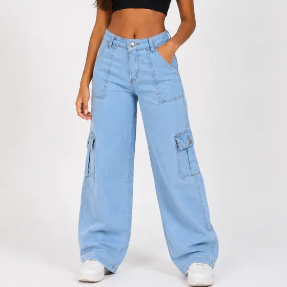 Calça Cargo Jeans Menina blogueirinha Juvenil 10 ao 16 anos com bolsos laterais premium
