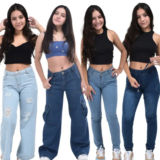 Calça jeans feminina  infantil juvenil 10 ao 16 premium cargo wide leg pantalona slim skinny