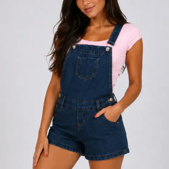 Jardineira short jeans macaquinho de alça infantil juvenil 10 ao 16