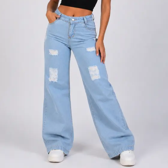 Calça jeans Wide leg Pantalona com destroyd infantil  juvenil 100% Algodão do 10 ao 16 modinha