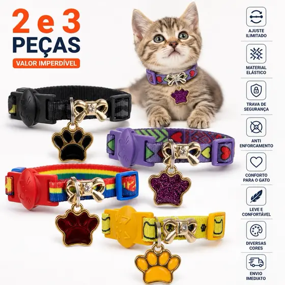 Coleira Gato Ajustável Elástica Anti Enforcamento com Trava de Segurança Diversas Cores