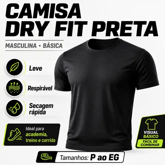 Camiseta Básica Masculina Dry Fit Lisa Tradicional Camisa UV+ Academia Treino Corrida