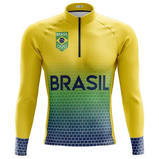 Camisa Ciclismo Mountain Bike Masculina Selecao Brasil Manga Longa Com Bolsos