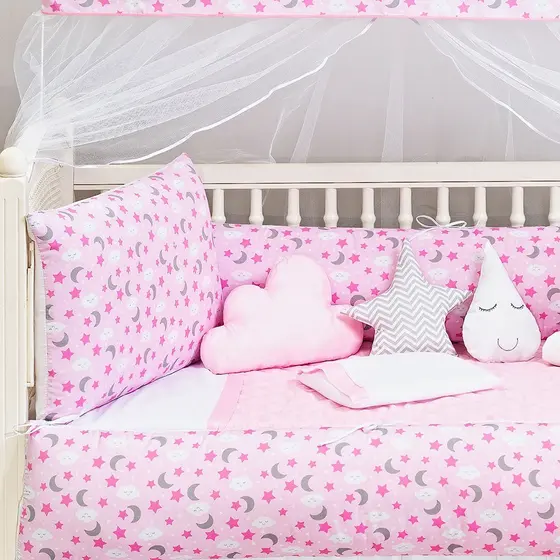 KIT BERÇO ESTRELA LUA 13 PEÇAS ROSA CLARO SAIA BOX MENINA