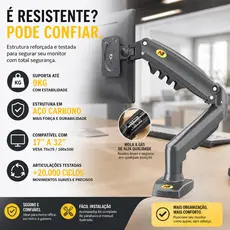 Suporte Articulado de Mesa F80NB com Pistão a Gás para Monitores de 17'' a 32'' Preto ELG