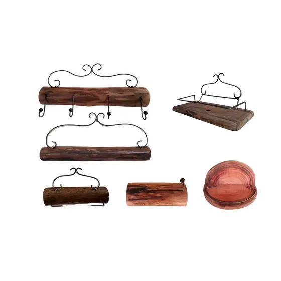 Kit de banheiro 6 peças rústico madeira cabide porta toalha shampoo saboneteira papel papeleira acessórios