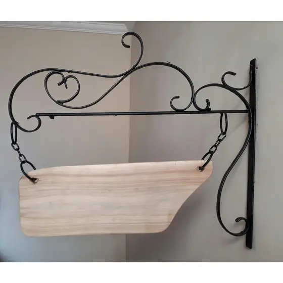 1 Suporte com placa de madeira para estabelecimento lindo rústico colonial ferro torcido
