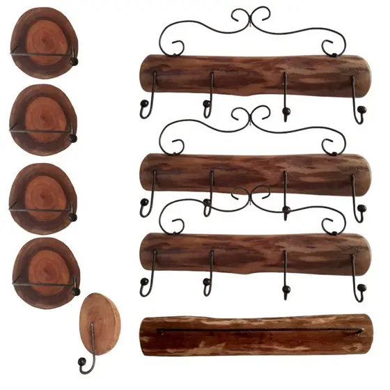 kit acessorios banheiro 10 peças madeira rustica ferro gancho toalha papeleira