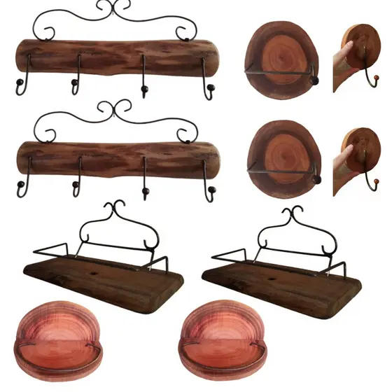 Kit banheiro 10 peças em madeira rustica (gancho para toalhas + porta shampoo + papeleira + saboneteira)