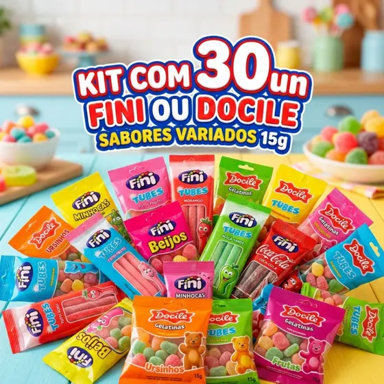 Kit Com 30un Bala Fini ou Docile Doces Gelatinas Tubes Sabores Variados 15g