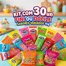 Kit Com 30un Bala Fini ou Docile Doces Gelatinas Tubes Sabores Variados 15g
