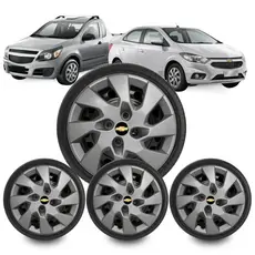 Jogo 4 Calota Chevrolet GM Celta Aro 14 Prata Emblema Preto