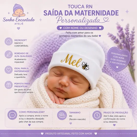 TOUCA RN personalizada com NOME para Saída maternidade