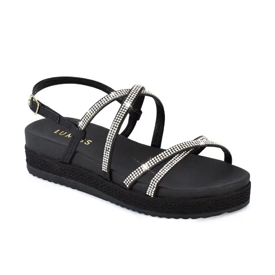 Sandália Feminina Lumiss Papete Strass Brilho Cristal Confortável Tiras Flatform Moda Salto Rasteira