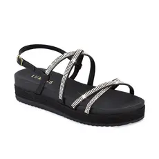 Sandália Feminina Lumiss Papete Strass Brilho Cristal Confortável Tiras Flatform Moda Salto Rasteira