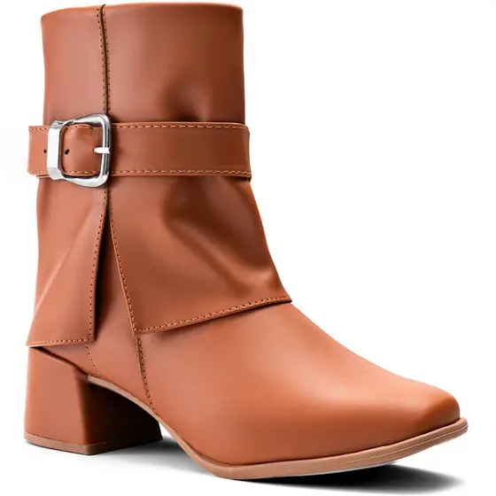 Bota Feminina Lumiss Bico Redondo Cano Baixo Salto Grosso Baixo Fivela Caramelo
