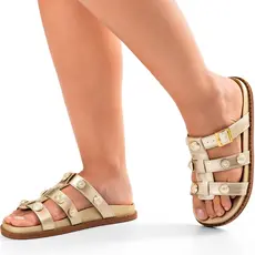Sandália Feminina Lumiss Fivela Tachas Papete Chinelo Confortável Dourado