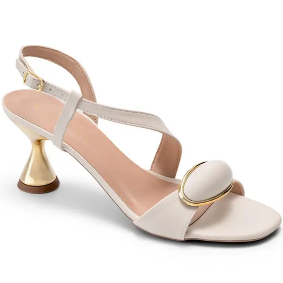 Sandália Feminina Lumiss Confortável Enfeite Salto Baixo Geométrico Metalizado Off White