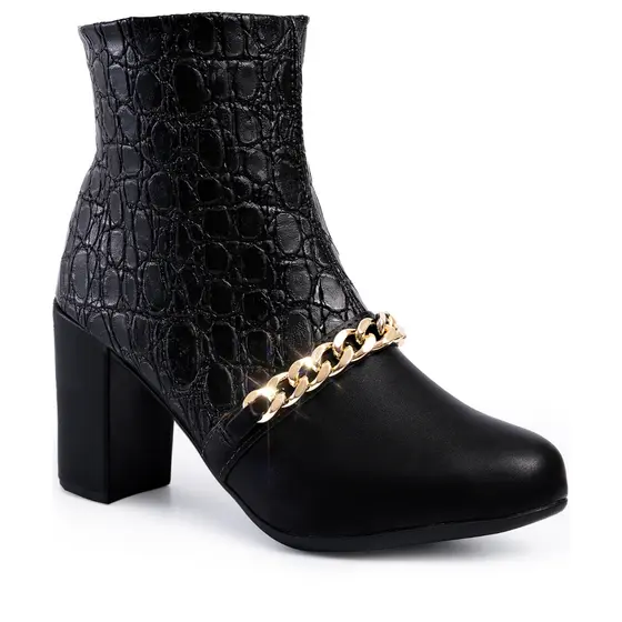Bota Feminina Lumiss Salto Alto Bloco Grosso Cano Curto Corrente Brilho Confortável Zíper Blogueira