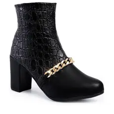 Bota Feminina Lumiss Salto Alto Bloco Grosso Cano Curto Corrente Brilho Confortável Zíper Blogueira