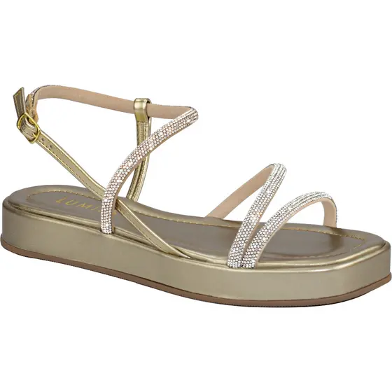 Sandália Papete Feminina Lumiss Confortável Flatform Tiras Strass Brilho Cristal Macia Flat Metalizada Fashion Blogueira
