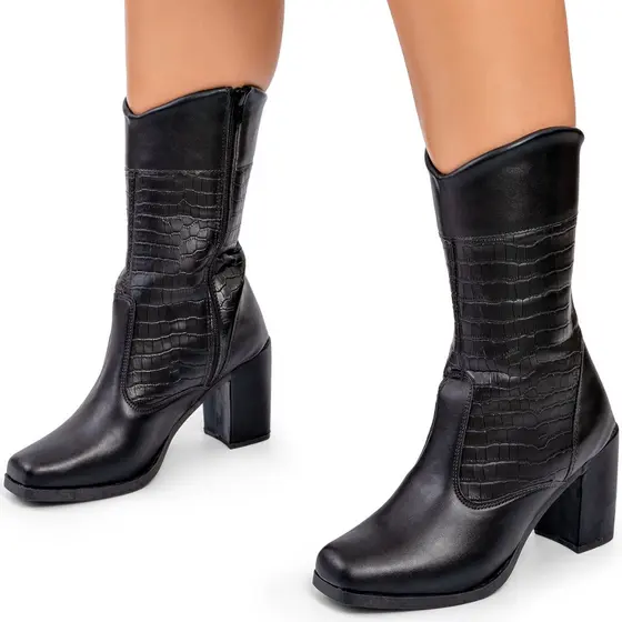 Bota Feminina Lumiss Cano Médio Montaria Salto Bloco Croco Preto