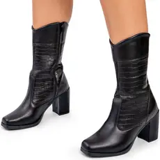 Bota Feminina Lumiss Cano Médio Montaria Salto Bloco Croco Preto