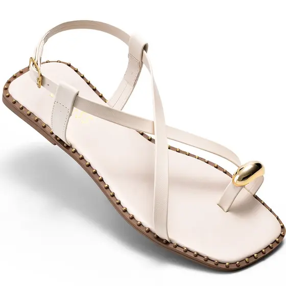 Sandália Feminina Lumiss Rasteira Bico Quadrado Tira Enfeite Metalizado Off White