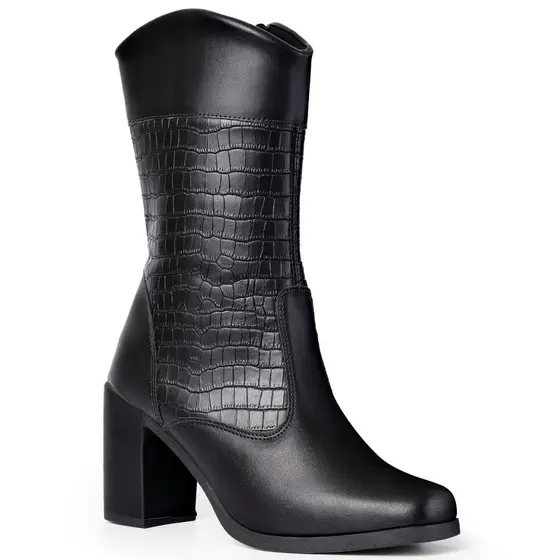 Bota Feminina Lumiss Cano Médio Montaria Salto Bloco Grosso Confortável Croco