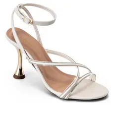 Sandália Feminina Lumiss Salto Alto Fino Metalizado Tiras Strass Off White
