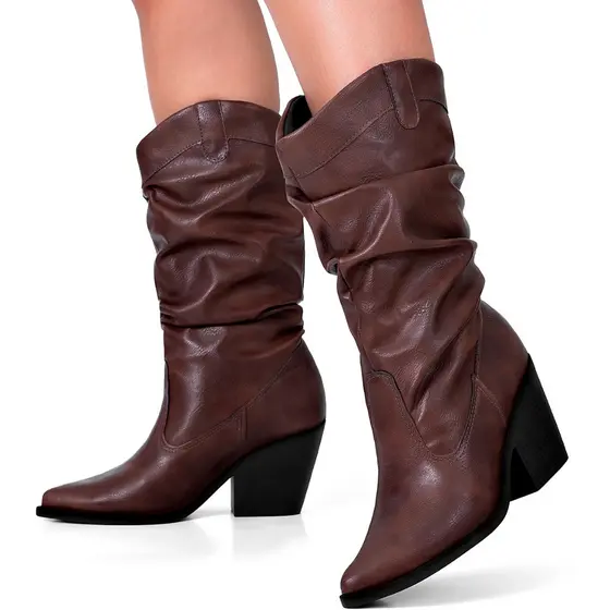 Bota Feminina Lumiss Western Texana Slouchy Cano Médio Salto Bloco Country Enrugada