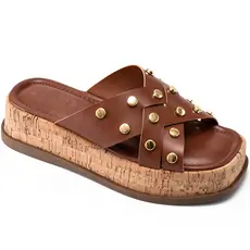 Sandália Feminina Lumiss Flatform Tachas Dourada Confortável Caramelo