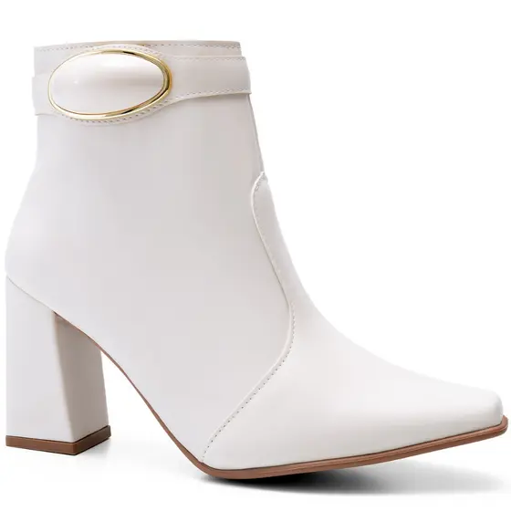 Bota Feminina Lumiss Salto Alto Grosso Cano Baixo Enfeite Metalizado Off White