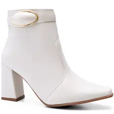 Bota Feminina Lumiss Salto Alto Grosso Cano Baixo Enfeite Metalizado Off White