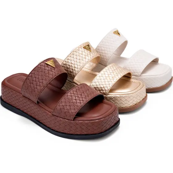 Sandália Feminina Lumiss Tamanco Flatform Bico Quadrado Tressê Enfeite Metalizado