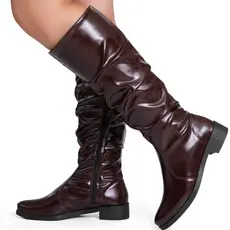 Bota Feminina Lumiss Montaria Cano Longo Slouchy Enrugada Salto Baixo Bico Redondo Marrom