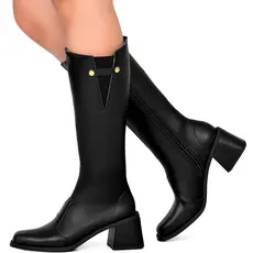 Bota Feminina Lumiss Cano Alto Salto Bloco Médio Confortável Bico Quadrado Elástico Preto