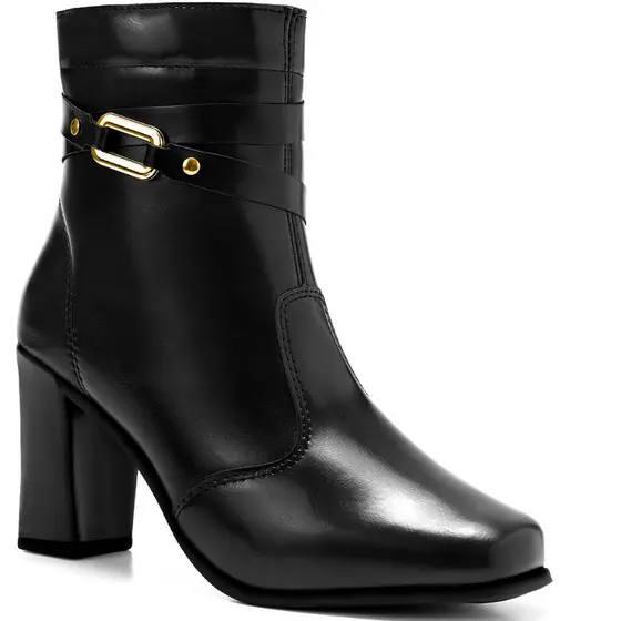 Bota Feminina Lumiss Cano Baixo Salto Alto Bloco Bico Quadrado Passante Preto