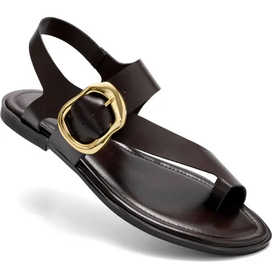 Sandália Feminina Rasteira Lumiss Confortável Bico Redondo Maxi Fivela Dourada