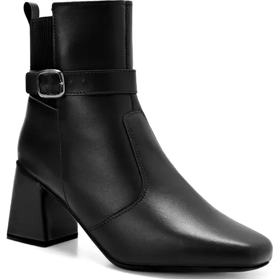 Bota Feminina Lumiss Cano Baixo Salto Alto Bloco Elástico Fivela Confortável Preto