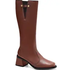 Bota Feminina Lumiss Cano Alto Salto Bloco Médio Confortável Bico Quadrado Elástico Marrom