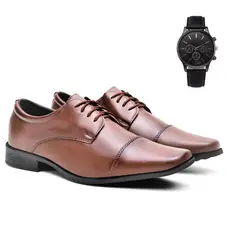 Sapato Social Masculino Oxford Com Cadarço Confortável Linha Premium de Amarrar + Relógio