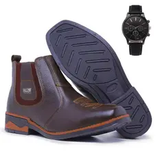 Bota Botina Masculina Texas Texana Country bordada em Couro legitimo solado Costurado Com Relógio